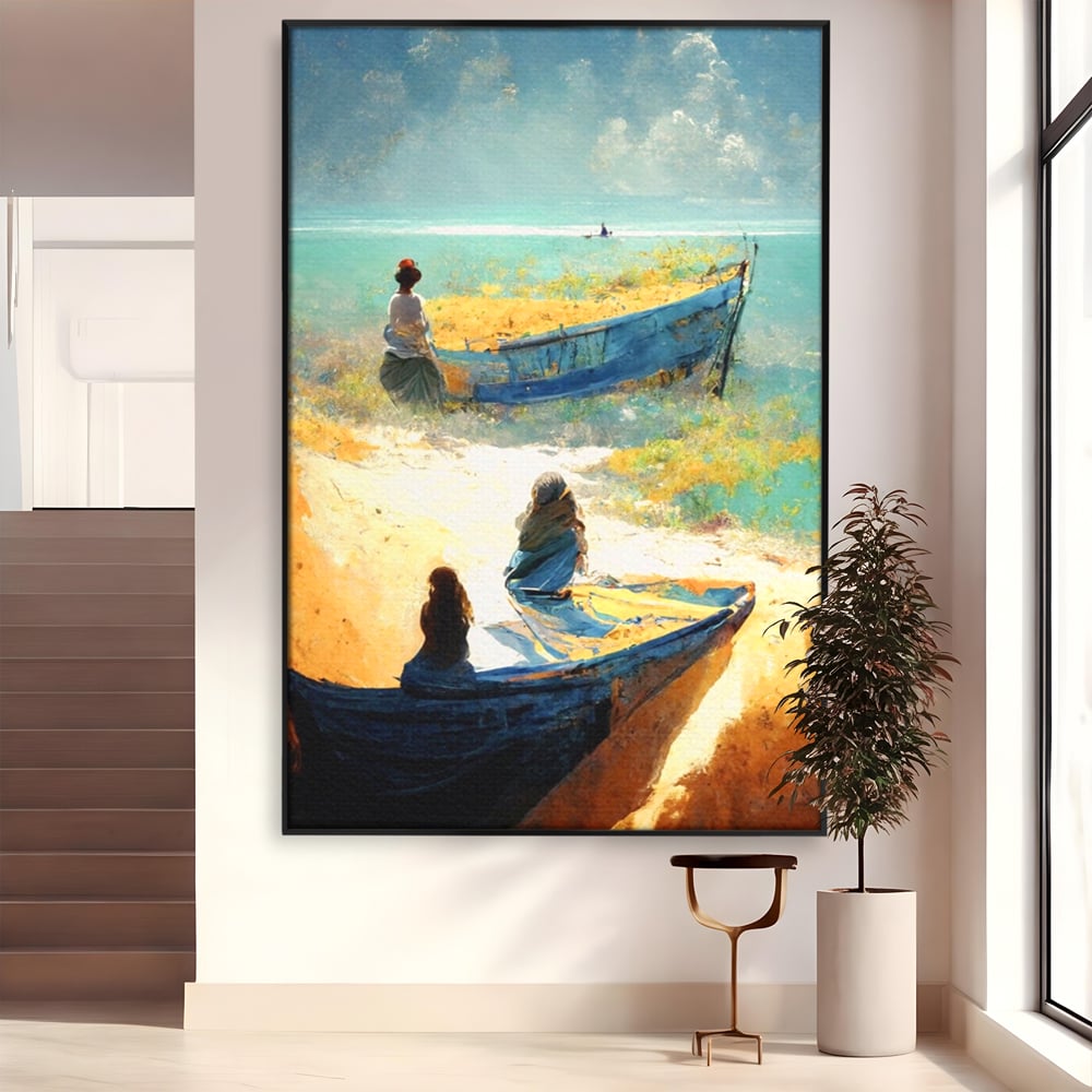 Tablou canvas cu tablou canvas cu femei pe plaja si barci, in rama de aluminiu negru